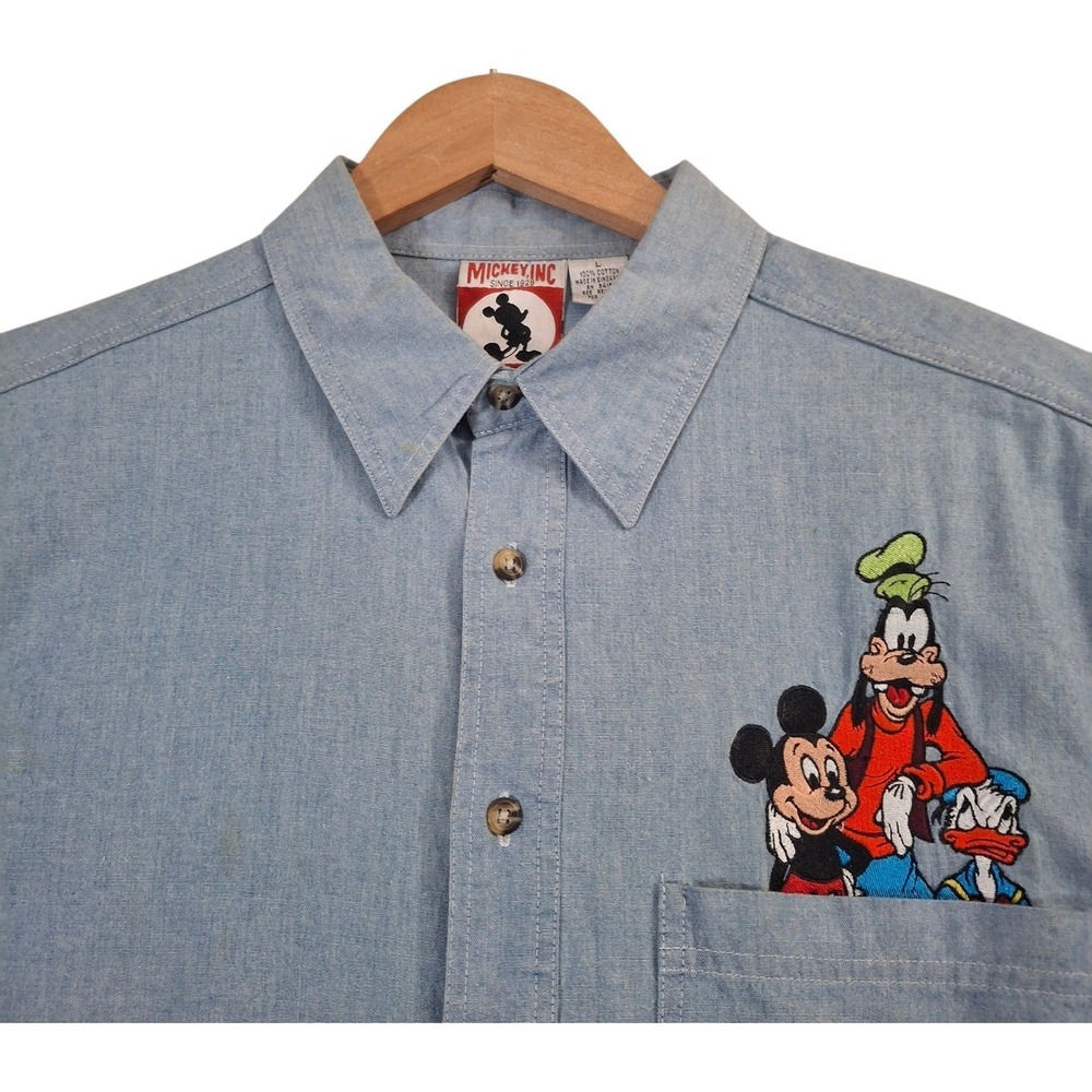 Vintage Mickey Inc Disney Chambray Shirt Mens L Blue Embroidered Goofy Donald